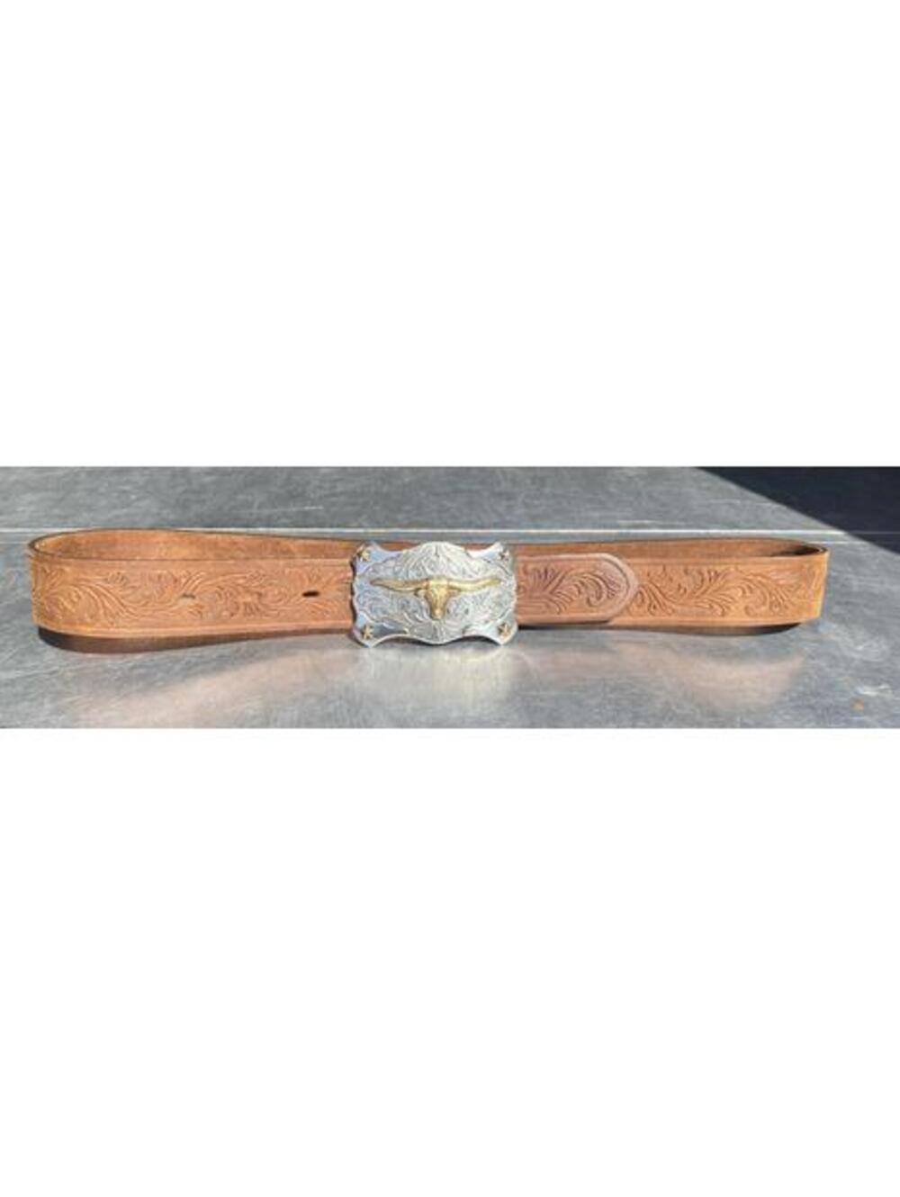 Tony Lama Silver Filigree Gold Longhorn Buckle W/ Aged Leather Floral Belt 28